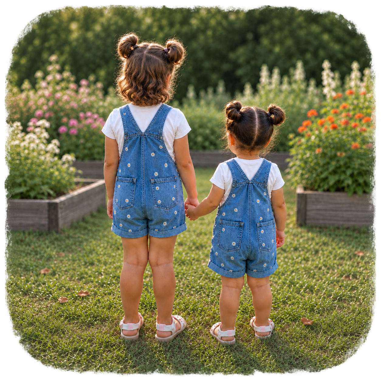 Two girls in denim overalls holding hands in a flower garden